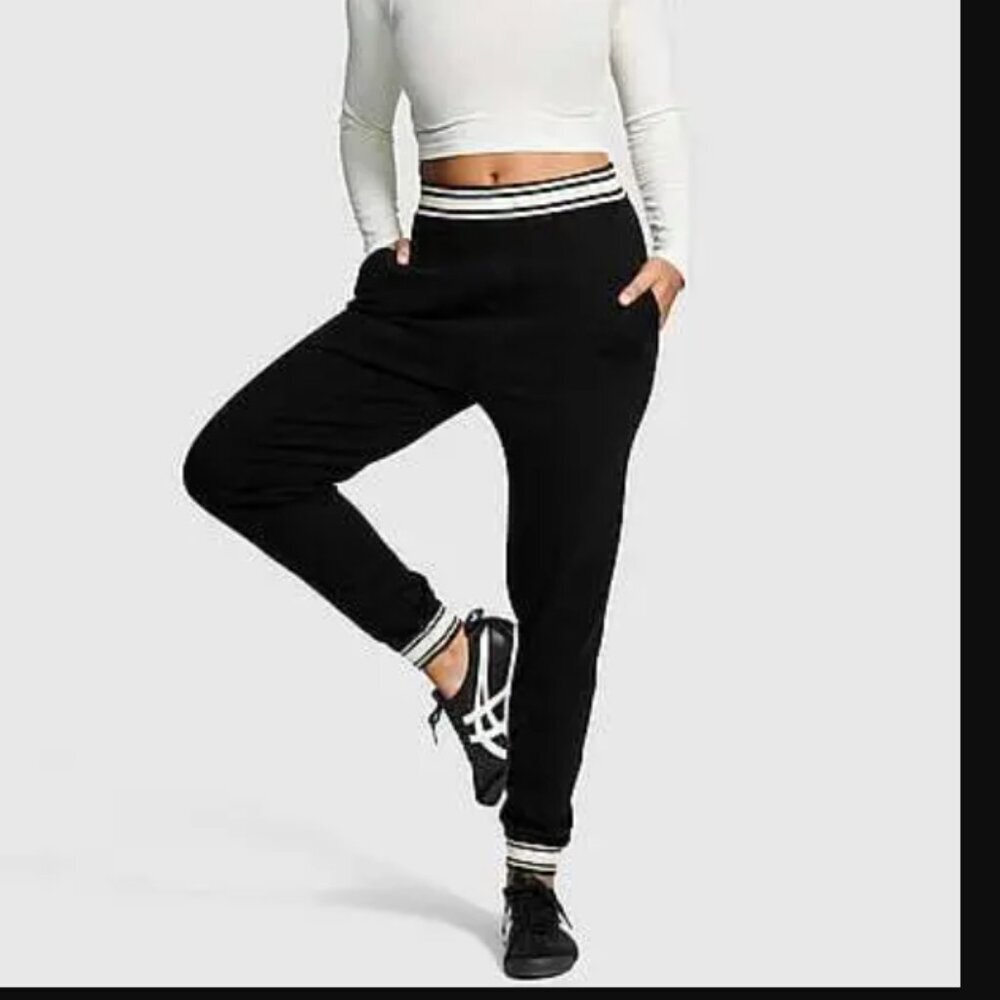 NWT PINK Victoria's Secret varsity knit jogger Pants - Black w/ White Accents, L